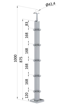 Nerezový sloup, vrchní kotvení, 5řadový rohový