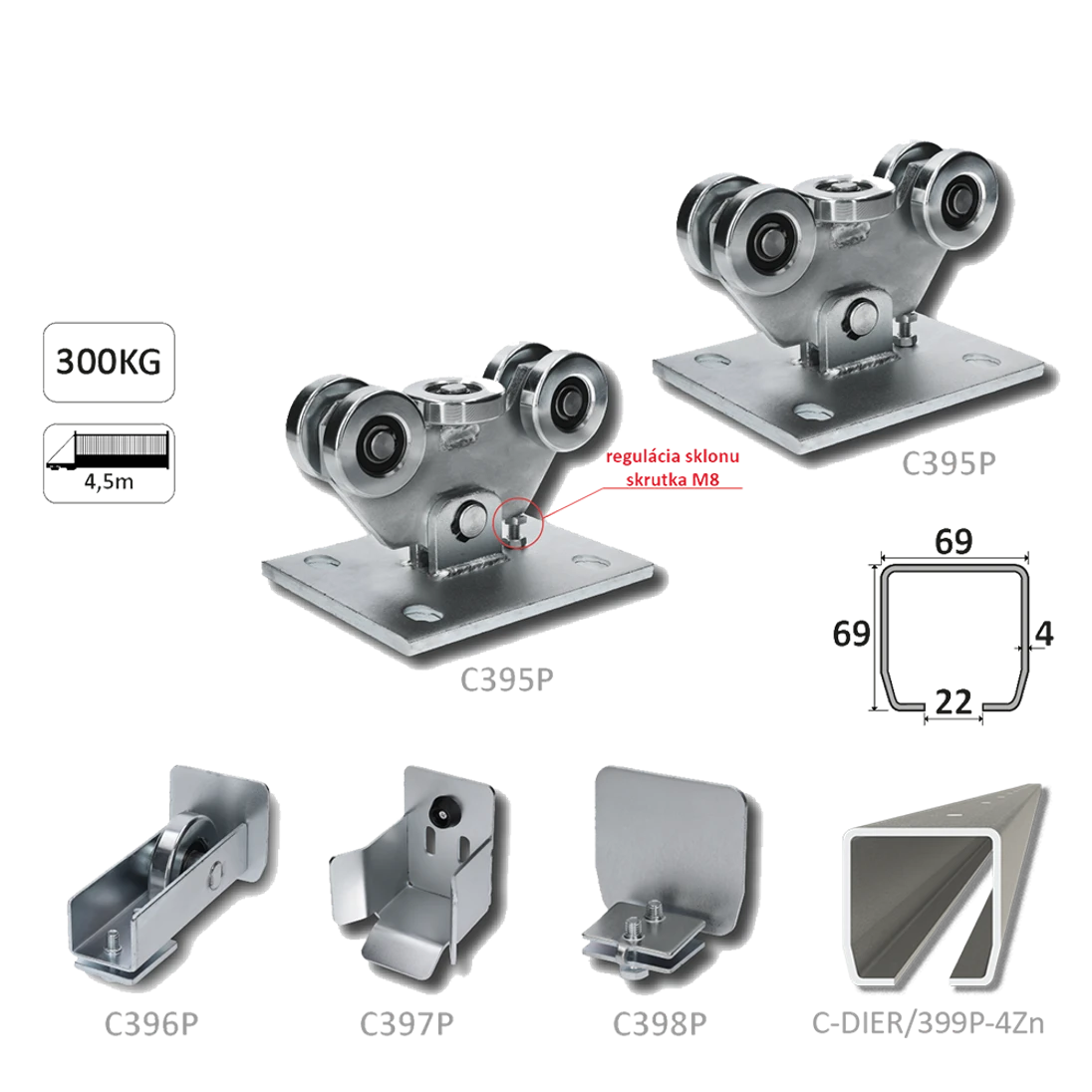 Samonos do 300 kg/4,5 m, profil s otvormi 69 x 69 x 4 mm, Zn