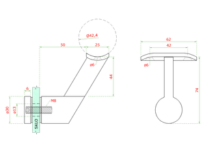 Držiak madla ø 42,4 mm pevný, sklo 6 - 21,52 mm, AISI 304 - slide 1