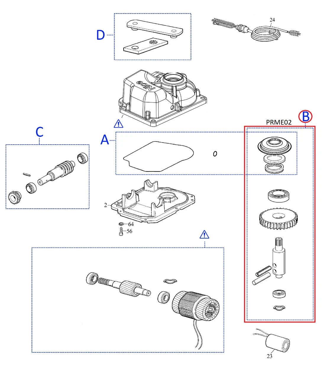 PRME02 kit pro METRO3000R01 / ME3010 kit výstupní hřídele převodovky s ložisky a guferem pro METRO3000 / 3024/3010, obsa