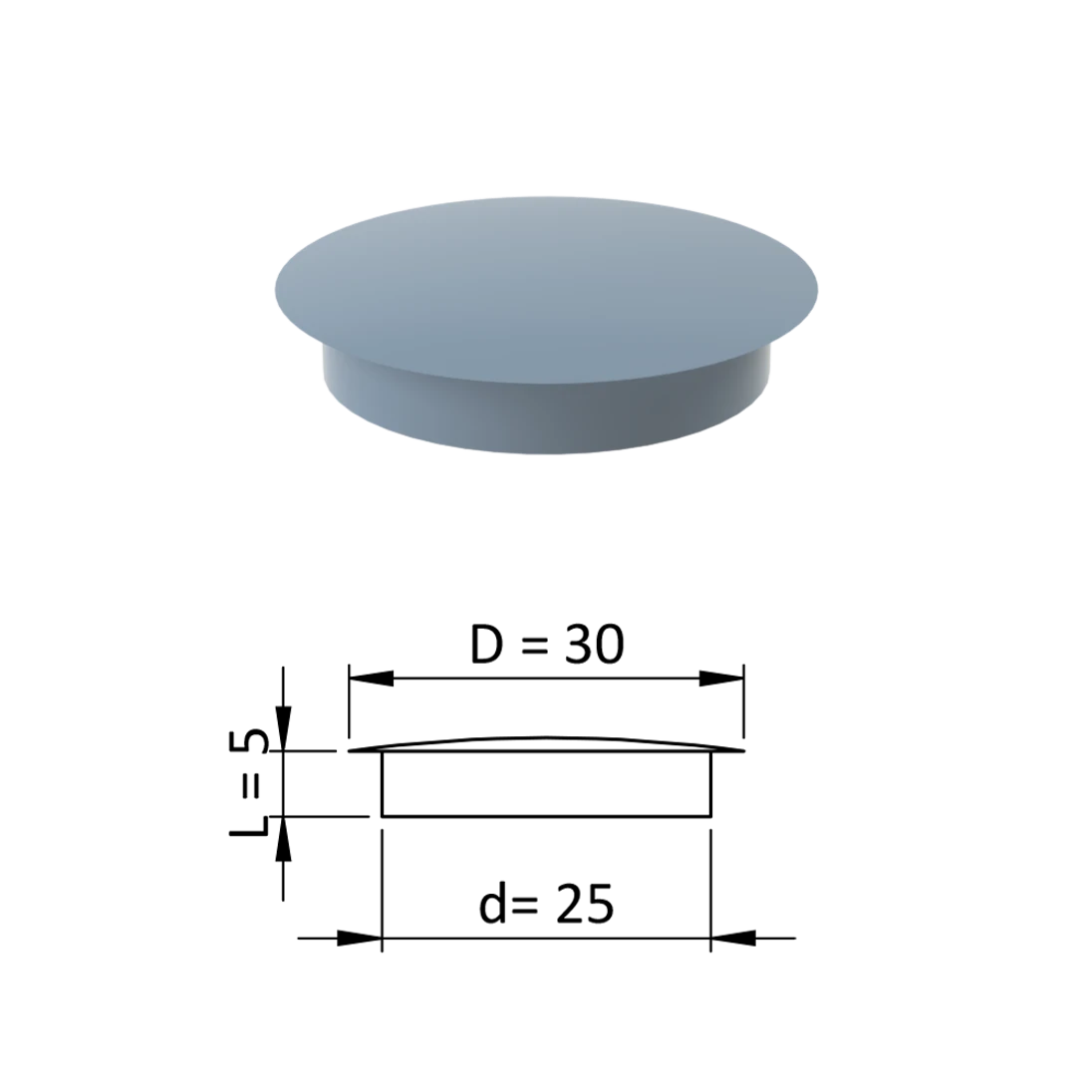 Vnútorná krytka guľatá ø 30 mm, otvor ø 25 mm, sivá, plast