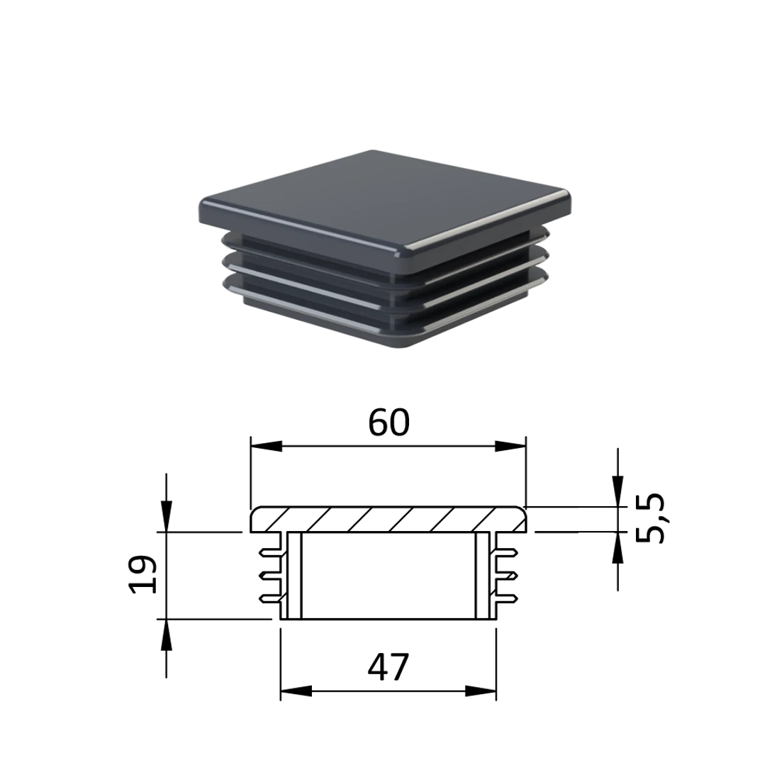 Krytka plastová 60 x 60 x 3 - 5 mm, antracit