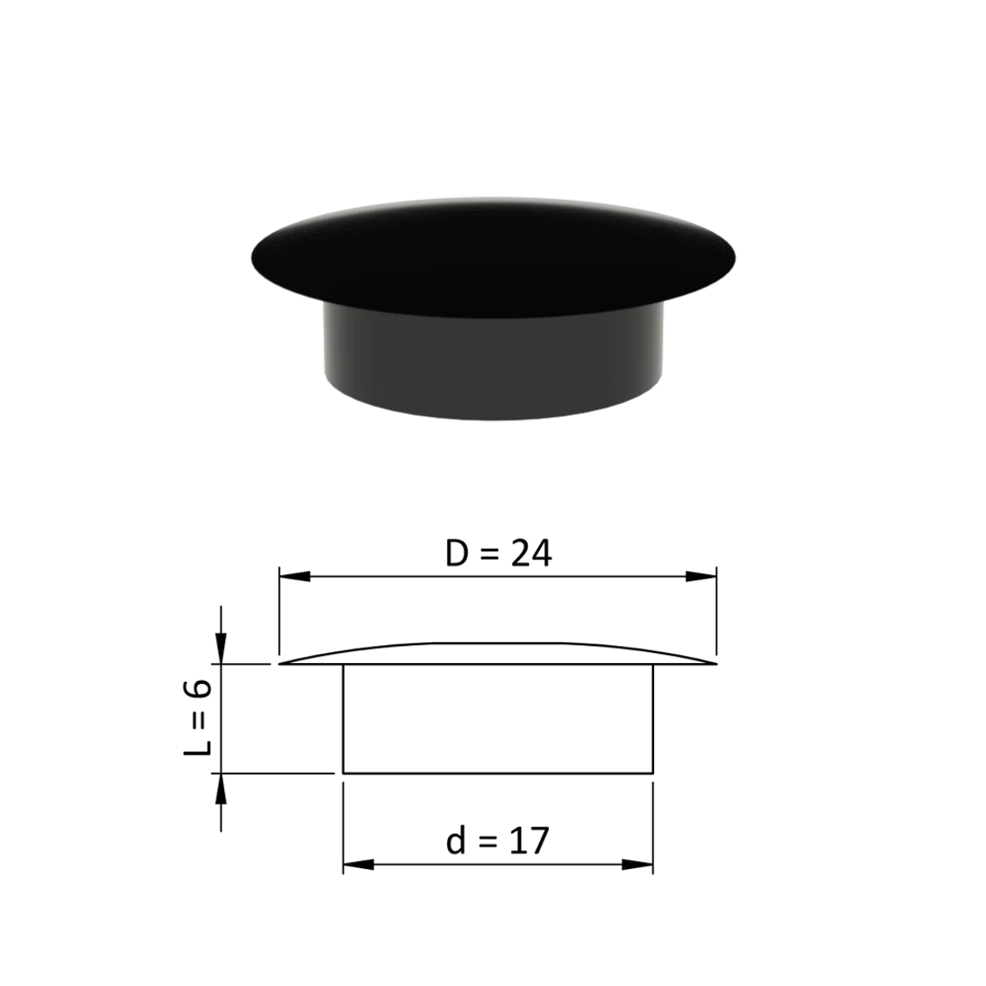 Vnútorná krytka guľatá ø 24 mm, otvor ø 17 mm, čierna, plast