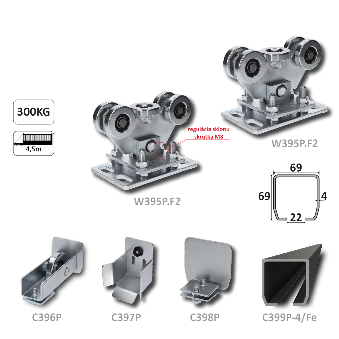 Samonos do 300 kg, profil 69 x 69 x 6000 mm, Fe