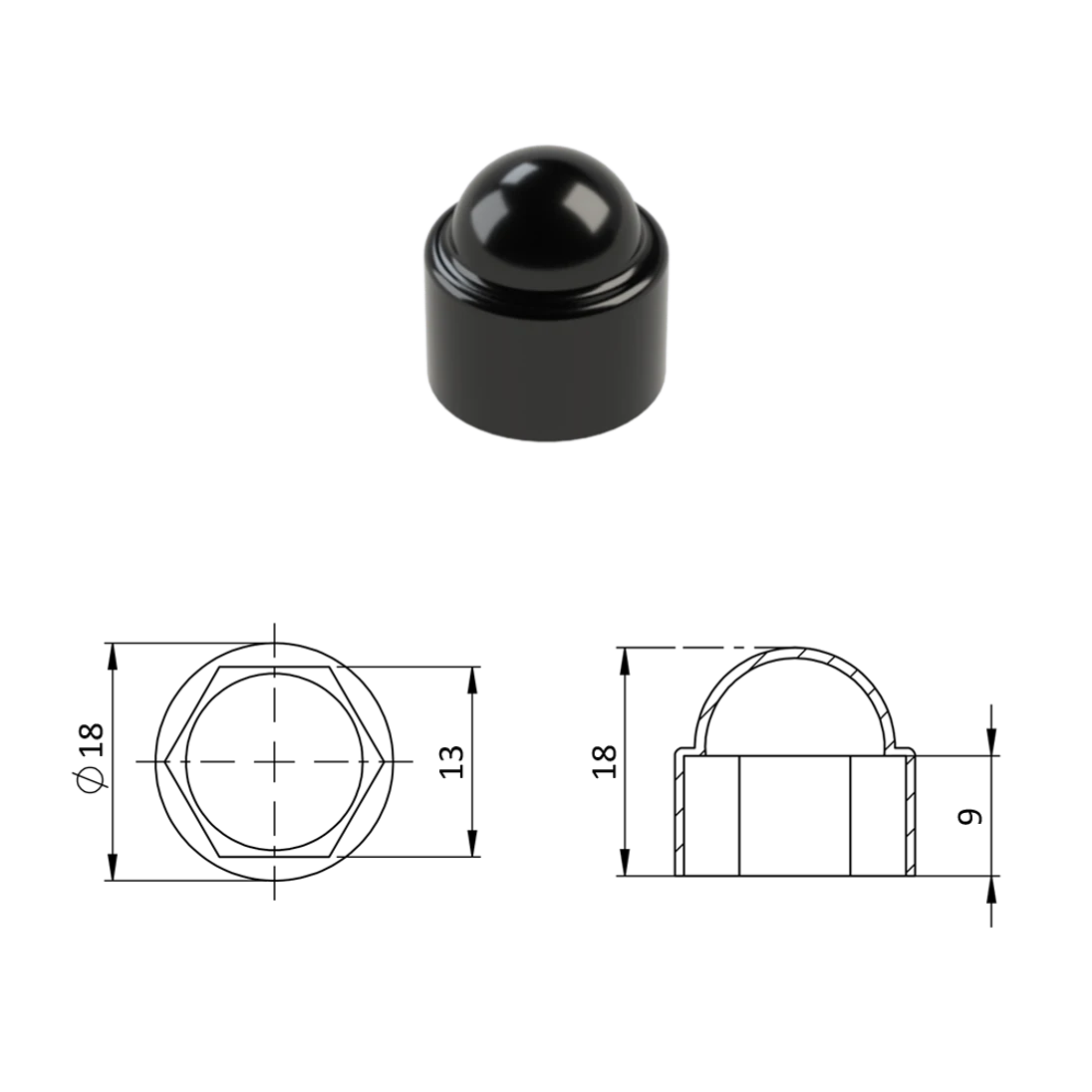 Krytka plastová na matice a skrutky M8, čierna