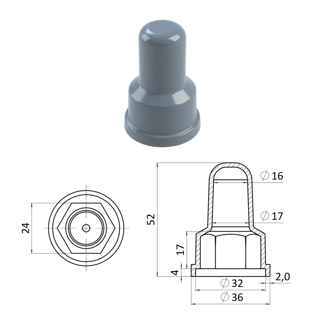 Krytka plastová na matice a skrutky M16, predĺžená, sivá