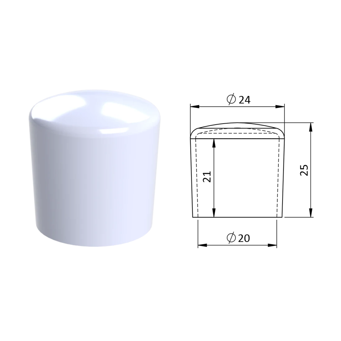 Vnější krytka PVC ø 24 x 25 mm, otvor 20 x 21 mm, bílá