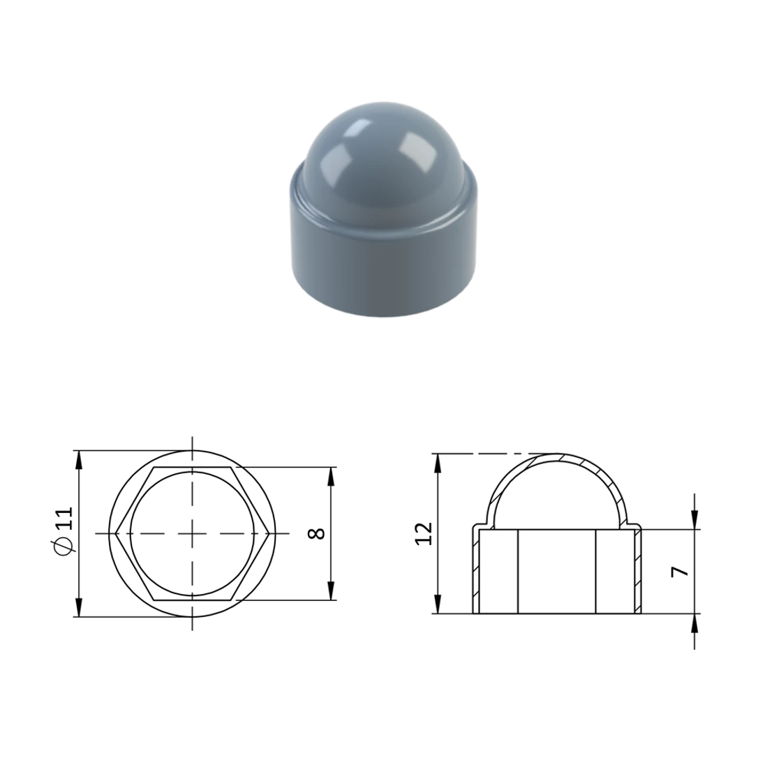 Krytka plastová na matice a skrutky M5, sivá