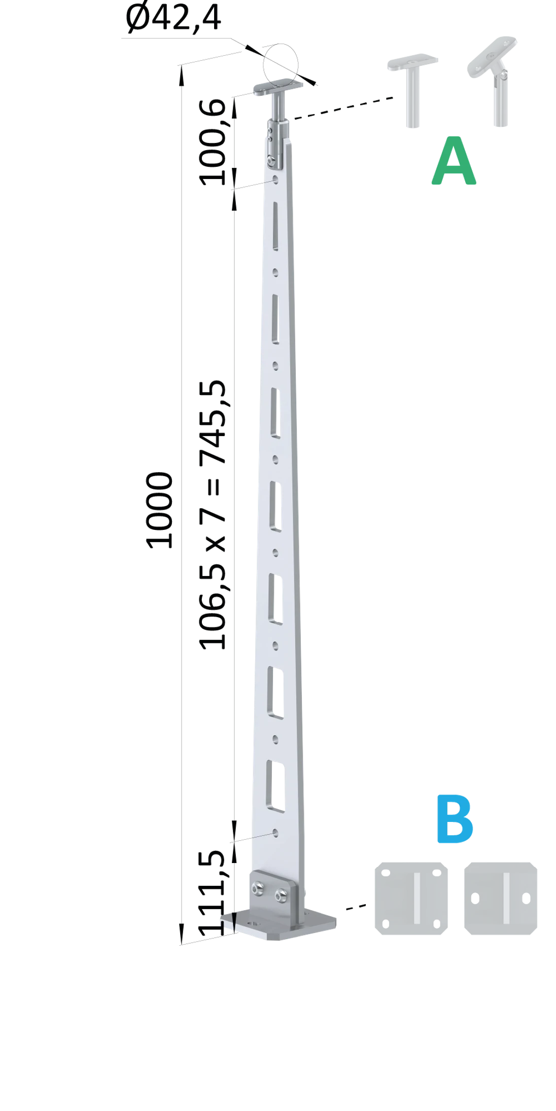 Nerezový vypaľovaný stĺp, vrchné kotvenie, 8-dierový