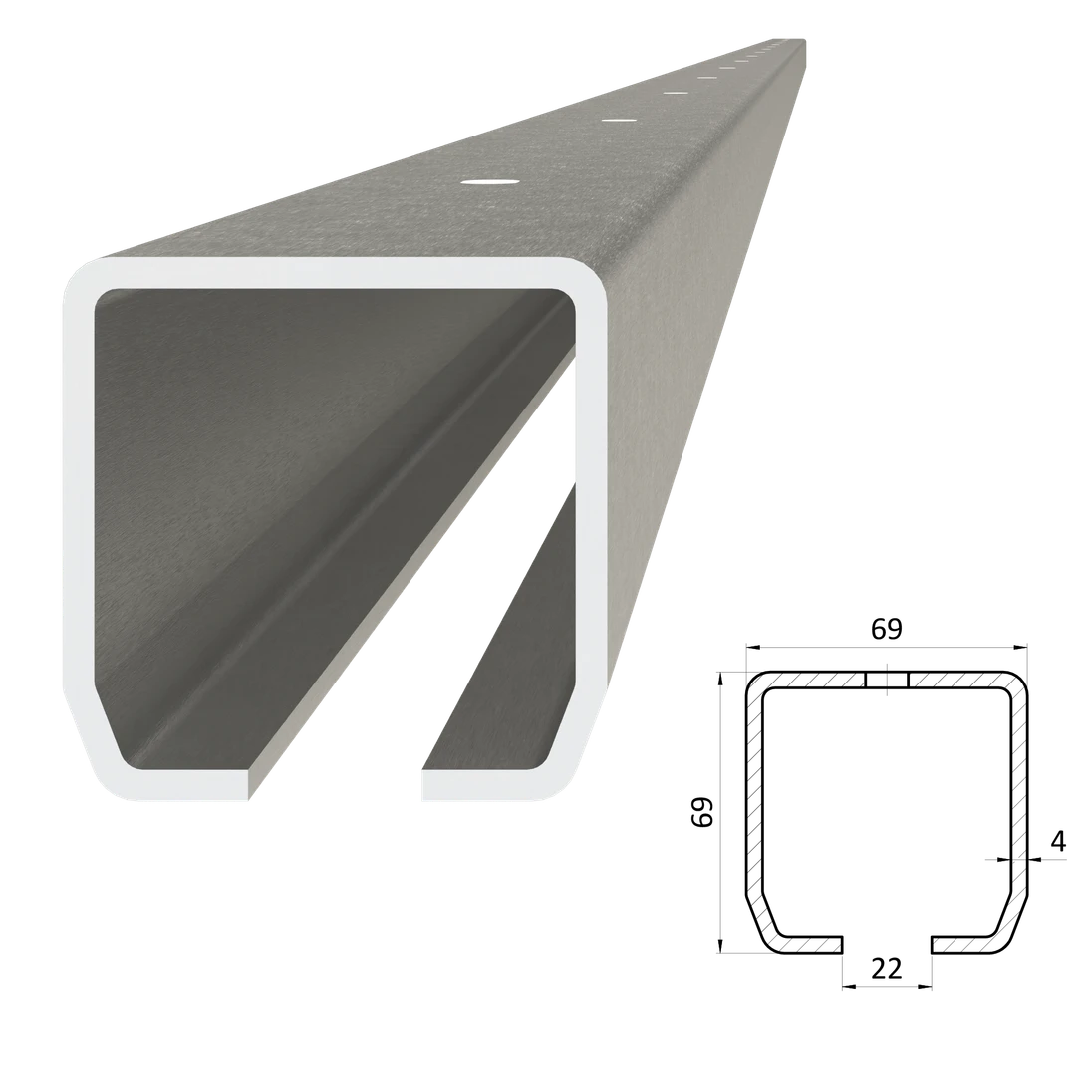 C profil PICOLLO 69 x 69 x 4 x 3000mm s otvormi, pozinkovaný