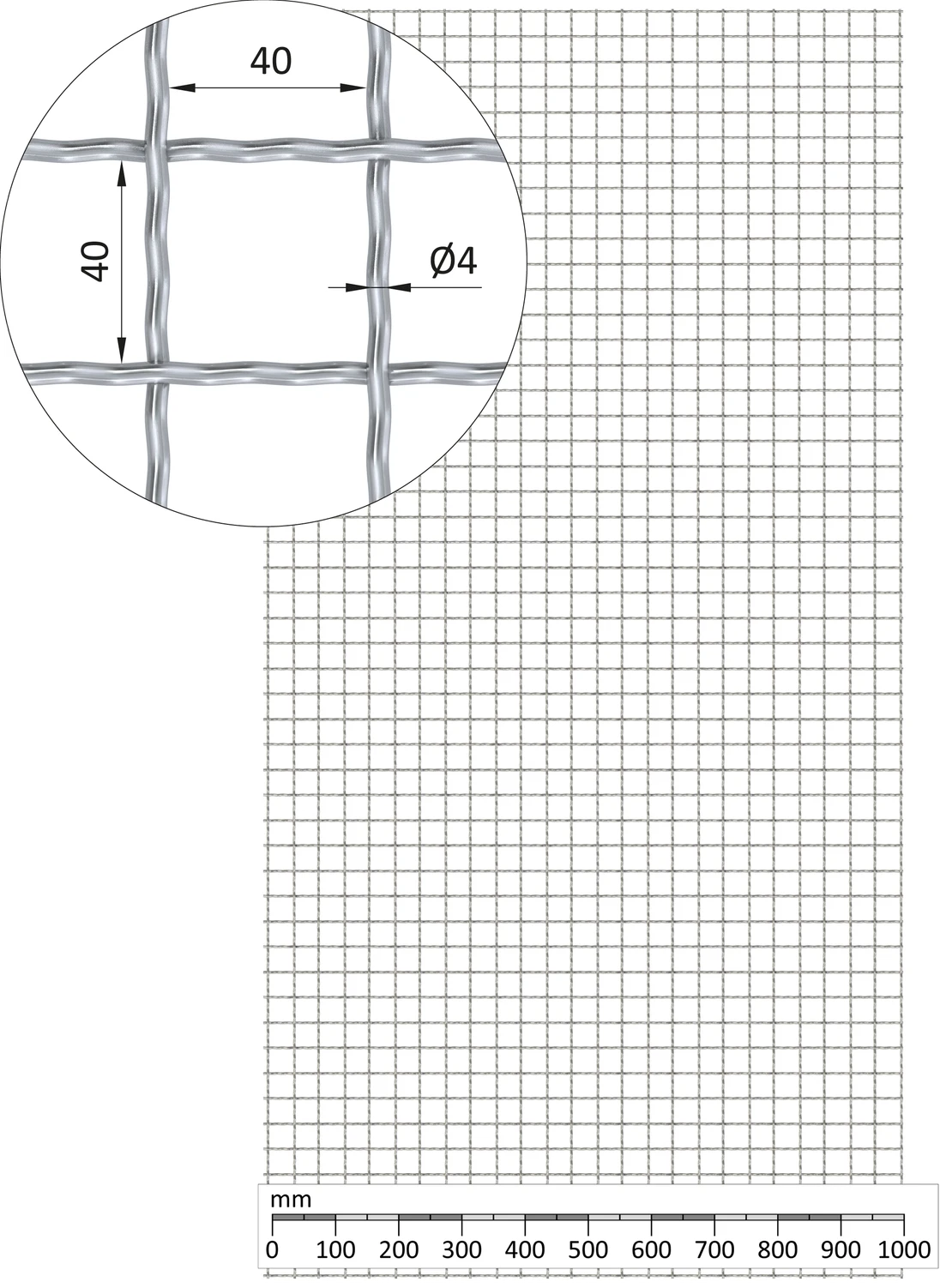 Žebírkové pletené síto - rovné, oko: 40x40mm, průměr pletiva ø4mm, rozměr 1000x2000mm, pozinkované