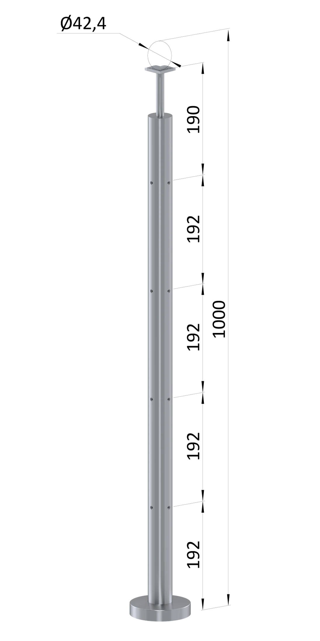 Nerezový sloup, vrchní kotvení, 4řadový, rohový: 90°