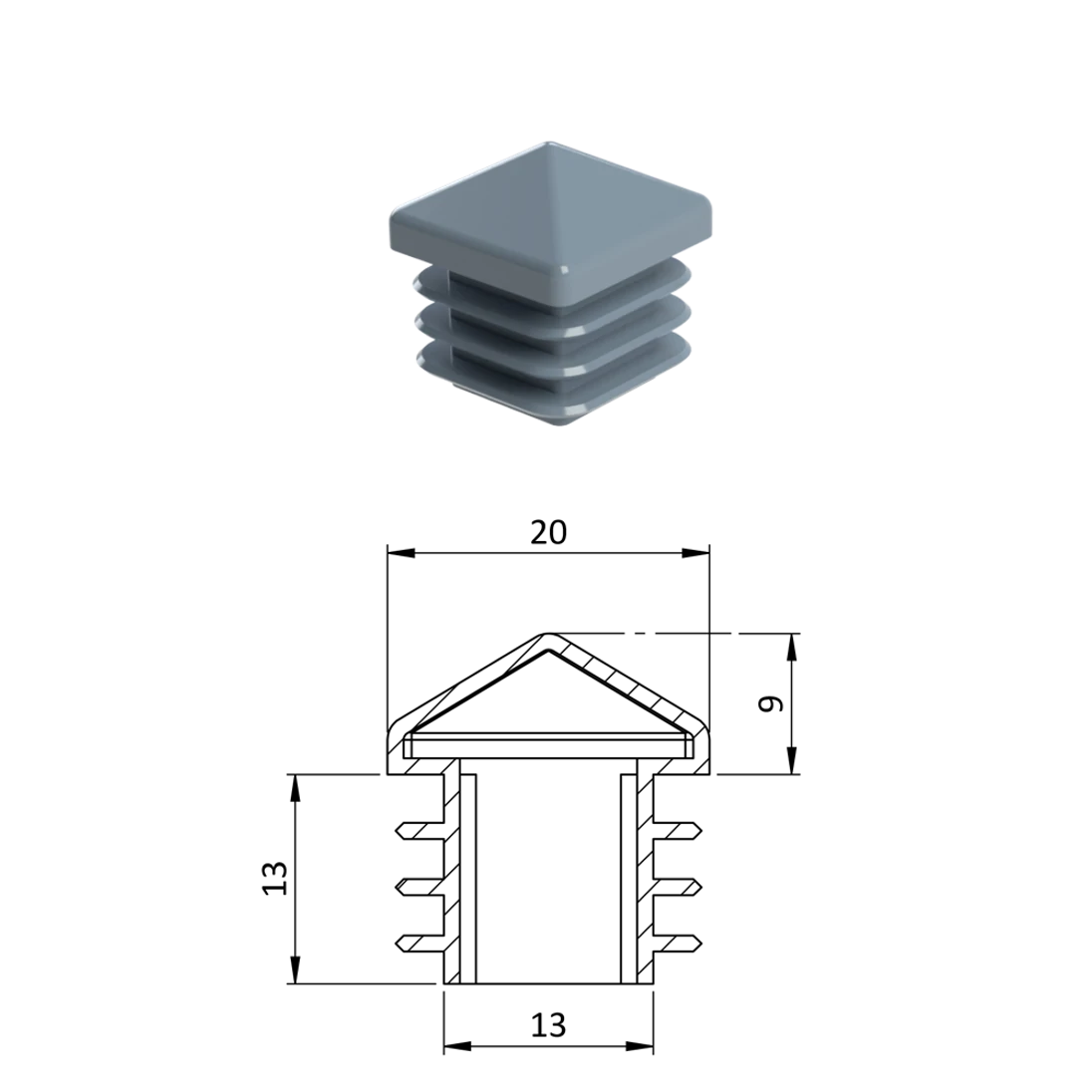 Krytka plastová se stříškou 20 x 20 mm, šedá