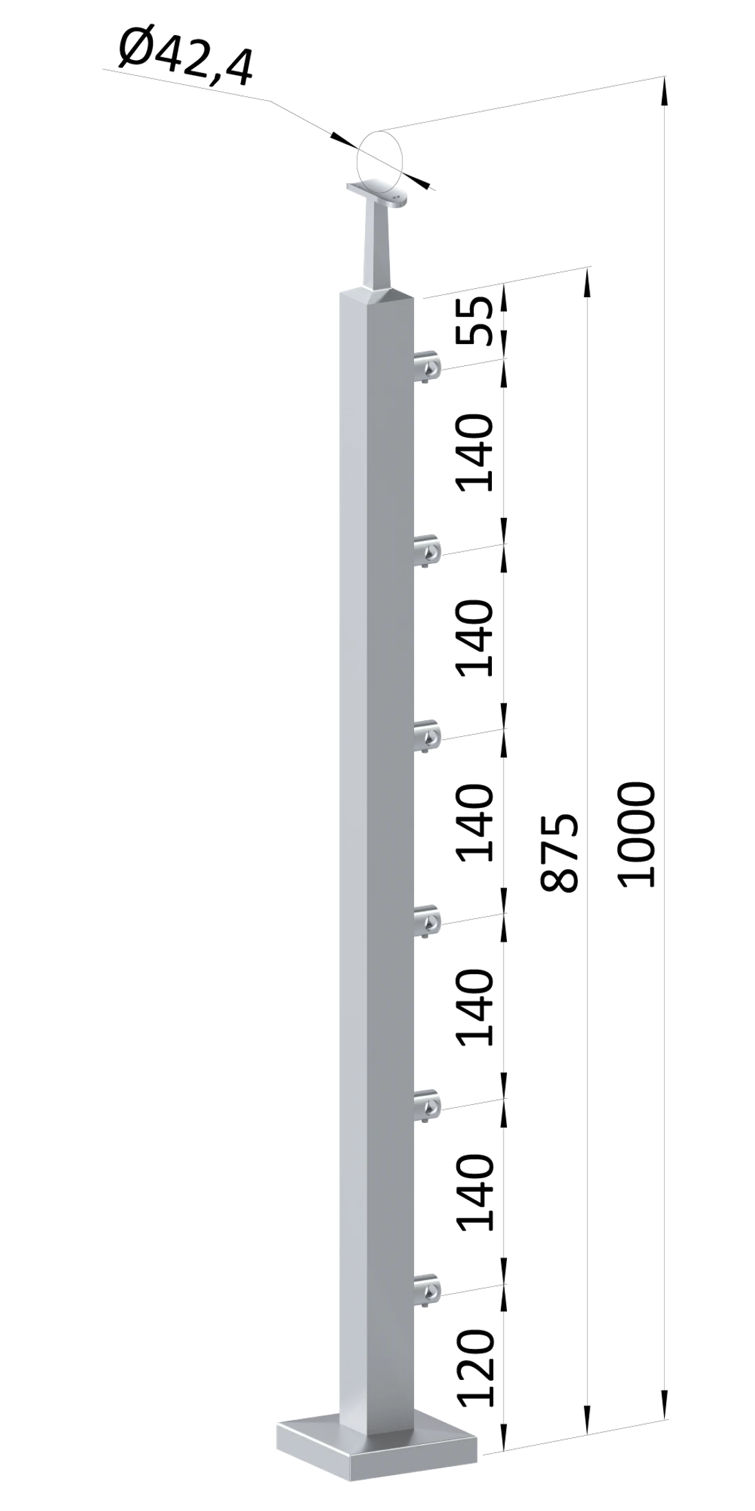 Nerezový stĺp, vrchné kotvenie, 6-radový priechodný