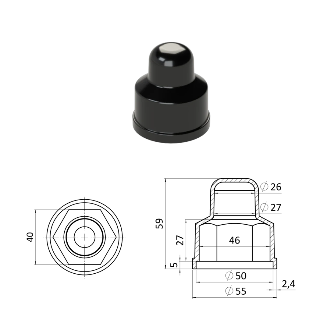 Krytka plastová na matice a skrutky M27, predĺžená, čierna