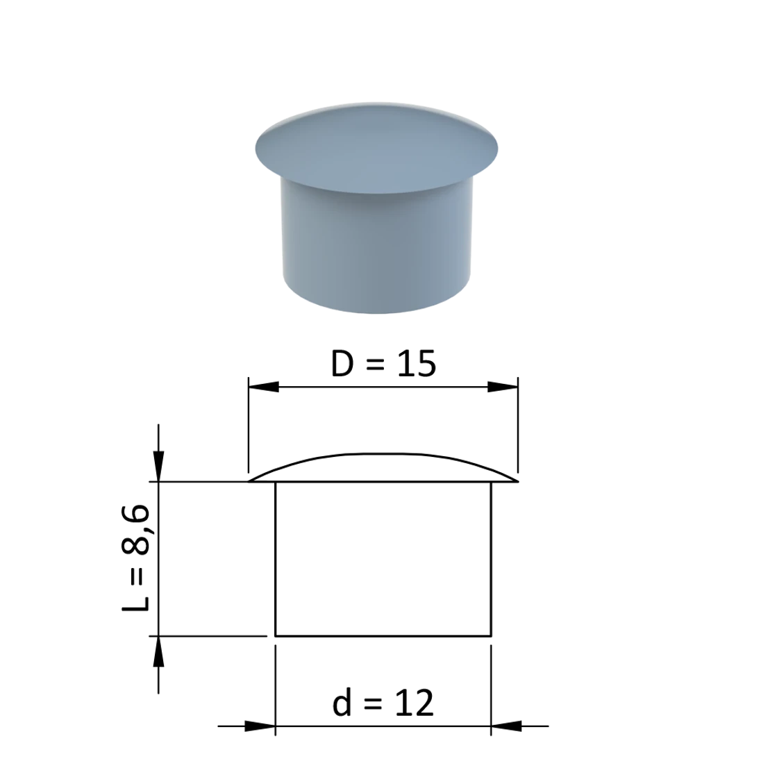 Vnútorná krytka guľatá ø 15 mm, otvor ø 12 mm, sivá, plast