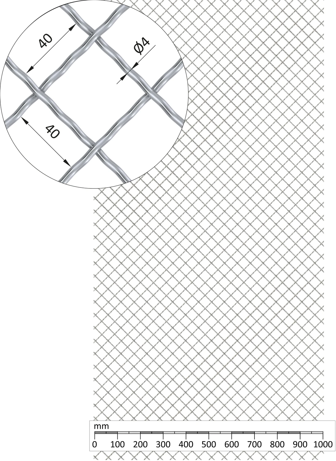 Rebierkové pletené sito 1000 x 2000 mm, vzor Diamant, pozink