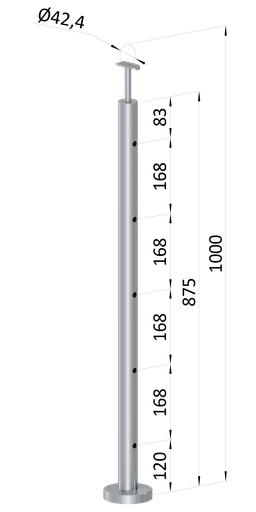 Nerezový stĺp, vrchné kotvenie, 5-dierový, koncový