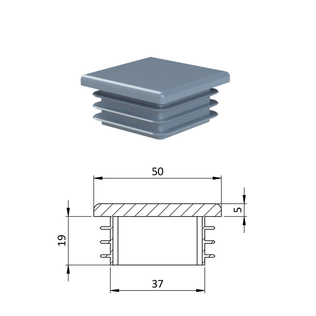 Krytka plastová 50 x 50 x 3 - 5 mm, sivá