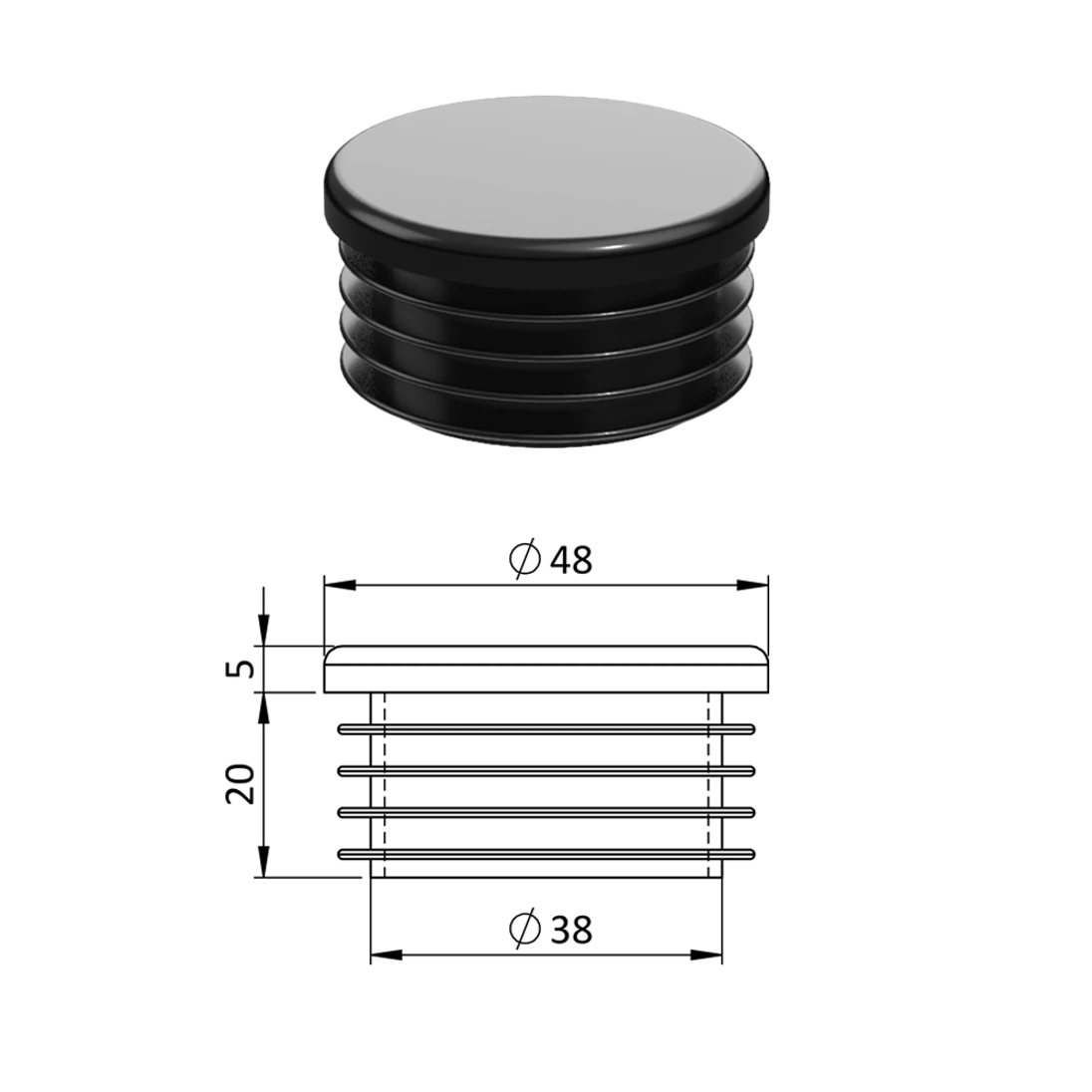 Vnitřní krytka kulatá ø 48 mm, plastová, černá