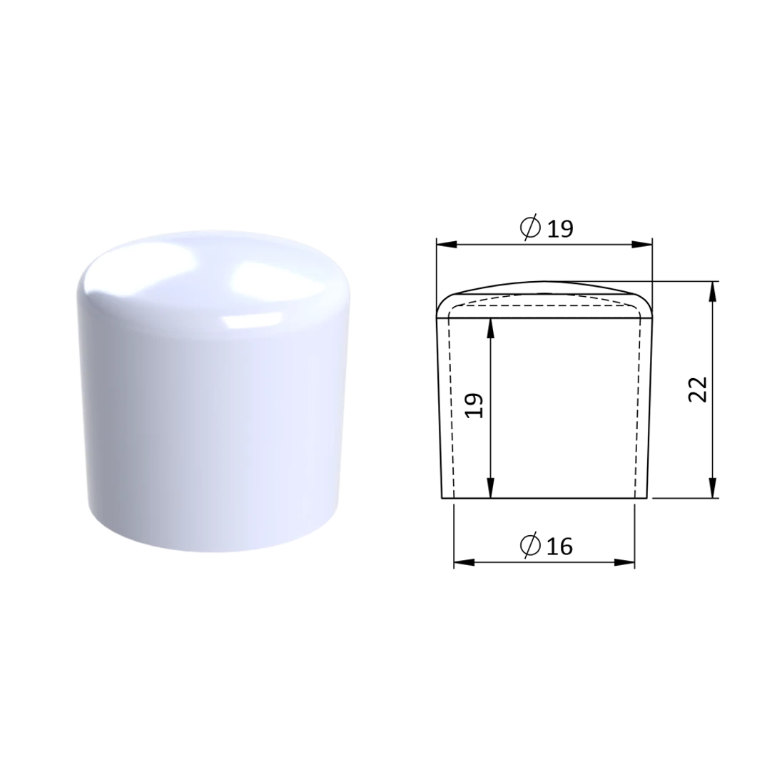 Vnější krytka PVC ø 19,6 x 22,6 mm, otvor 15,9 x 19,8 mm