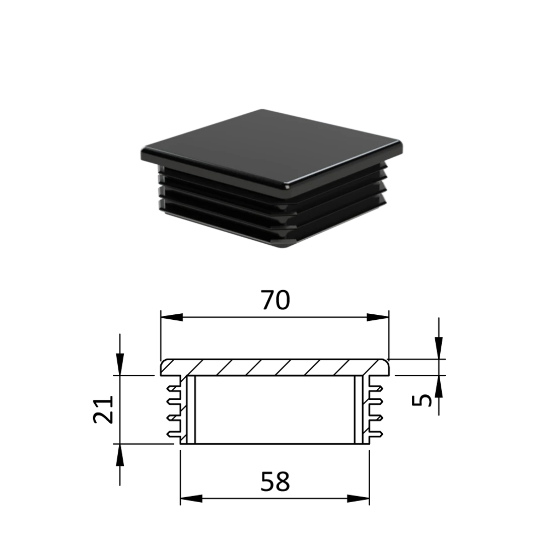 Krytka plastová 70 x 70 mm, čierna