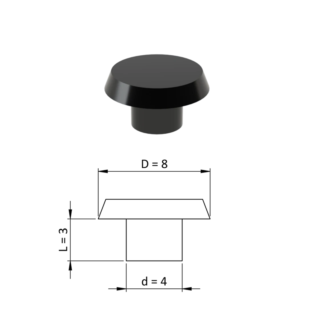 Vnútorná krytka guľatá ø 8 mm, otvor ø 4 mm, čierna, plast