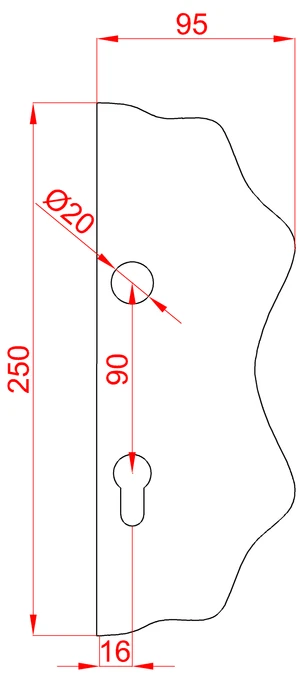 Štít 250 x 95 x 3 mm s otvormi, rozteč 90 mm, ozdobný, pravý - slide 1