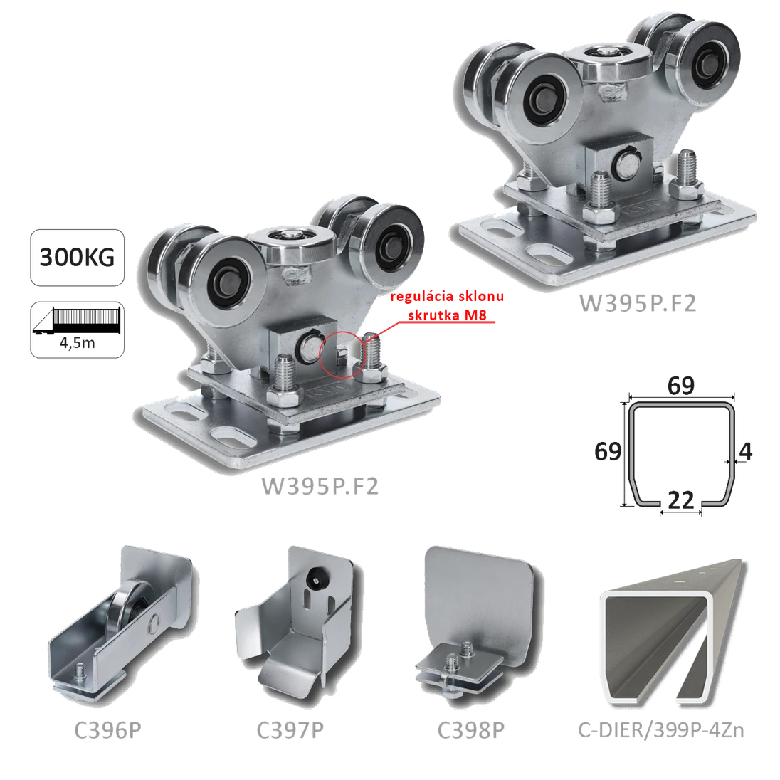 Samonos do 300 kg/4,5 kg, profil s otvormi 69 x 69 x 4 mm Zn
