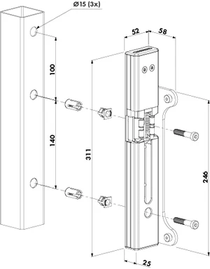 LOCINOX® povrchový elektrozámek SF pro křídlové brány, funkce FAIL CLOSE, blokace v tahu 300 KG, pro profil 40 - 60mm, e - slide 2
