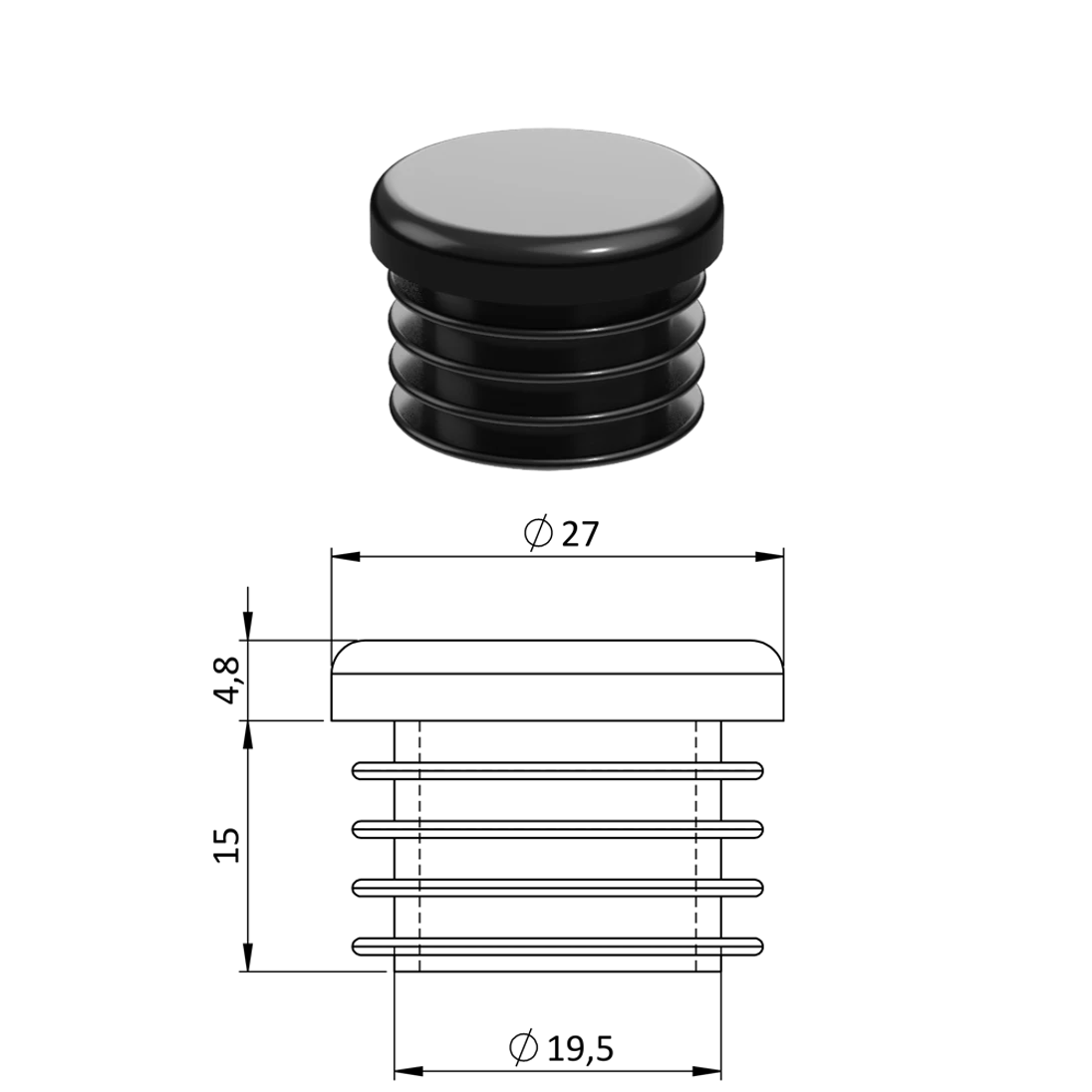 Vnitřní krytka kulatá ø 27 mm, plastová, černá