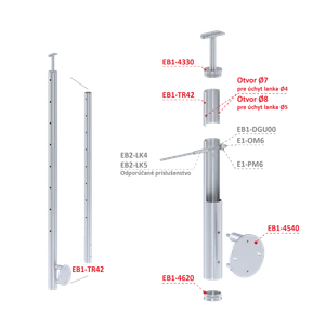 Nerezový sloup, boční kotvení, 8děrový, lanko, koncový - slide 2