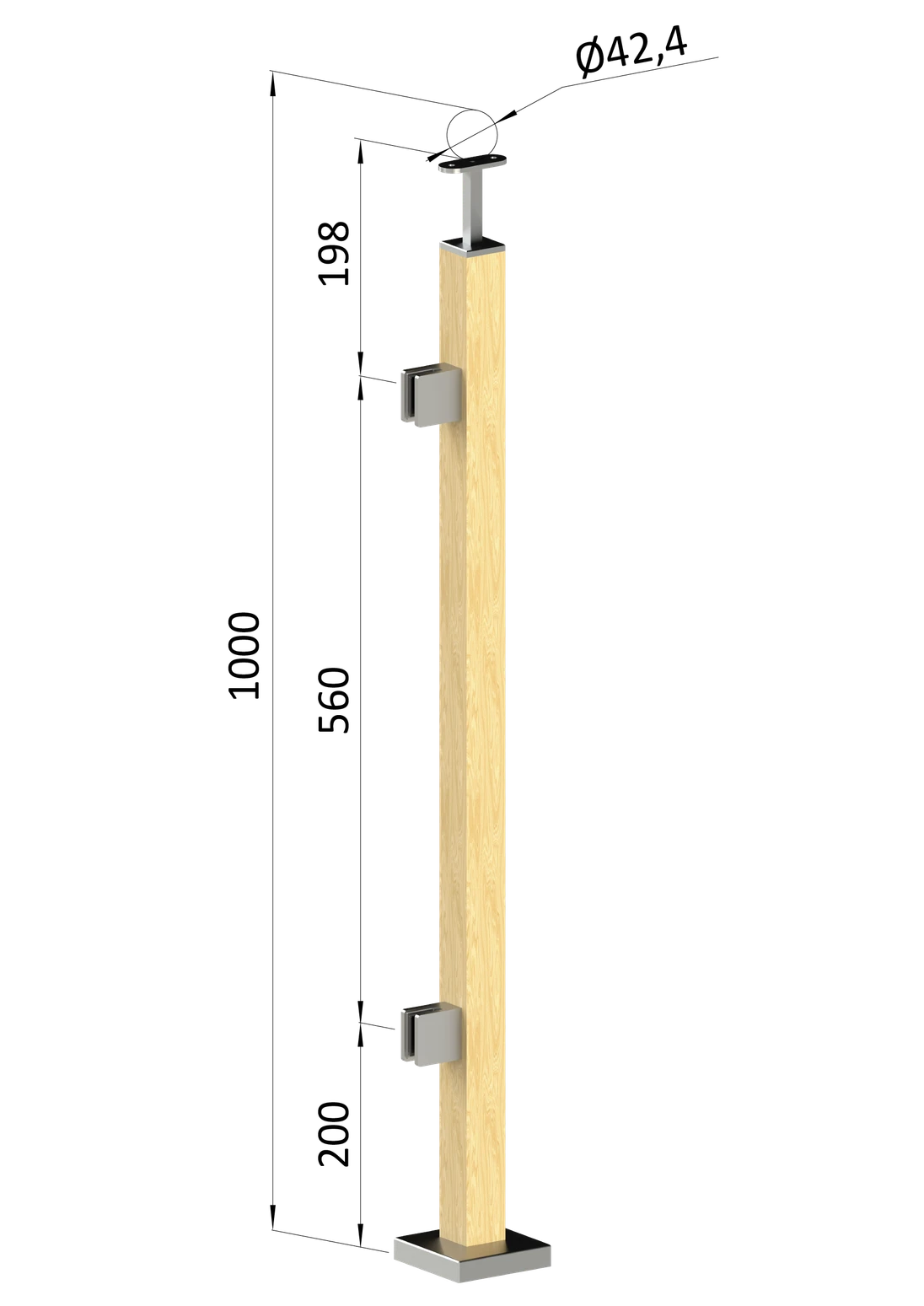 Dřevěný sloup, vrchní kotvení, výplň: sklo, levý