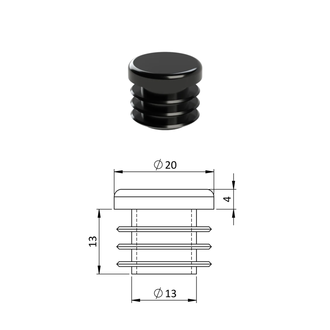 Vnitřní krytka kulatá ø 20 mm, plastová, černá