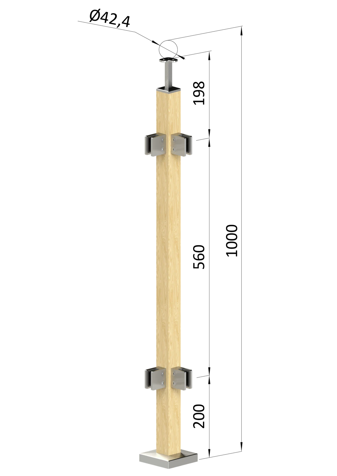 Dřevěný sloup, vrchní kotvení, výplň: sklo, rohový: 90°