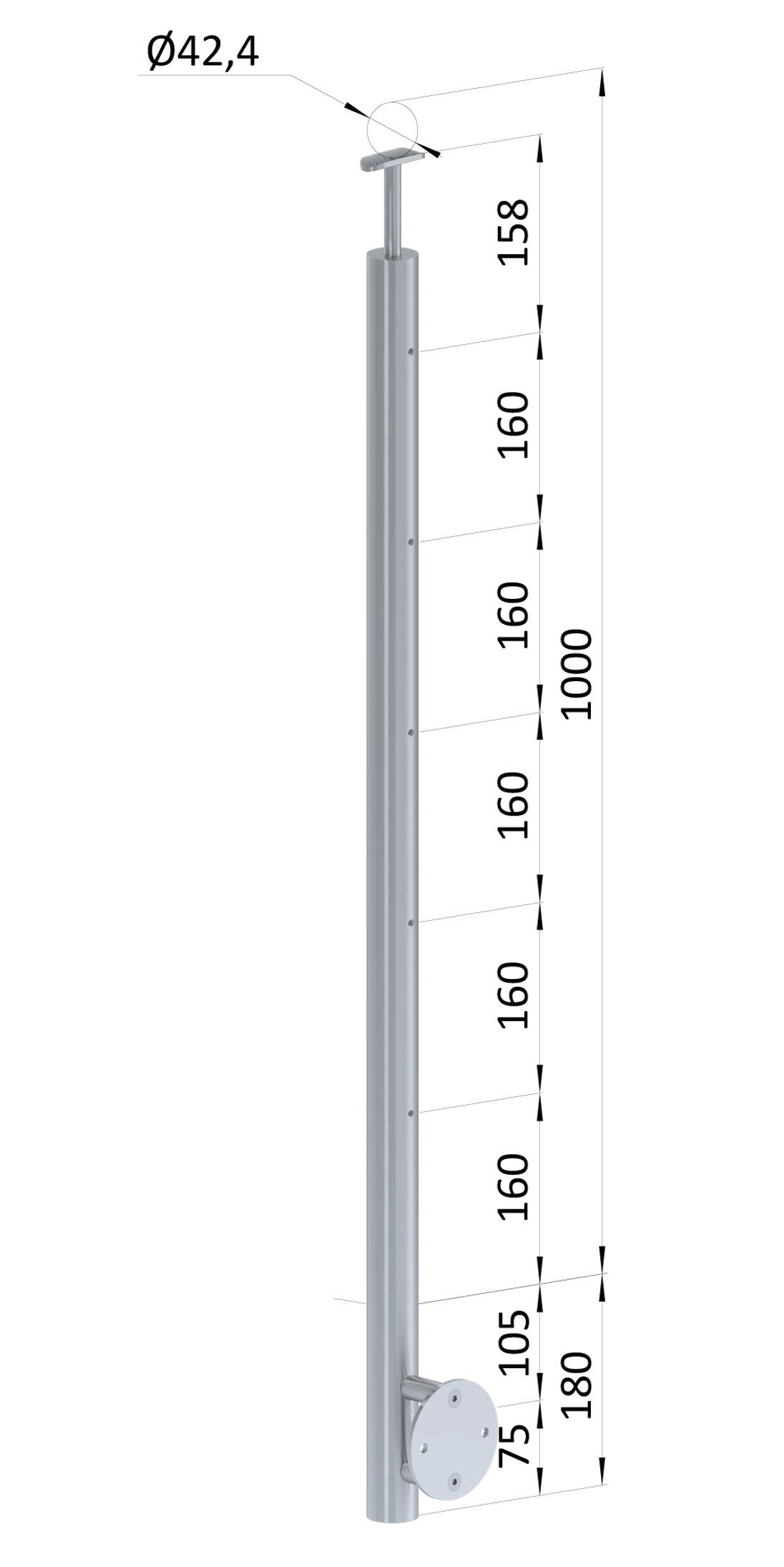 Nerezový sloup, boční kotvení, bez výplně, 5řadový