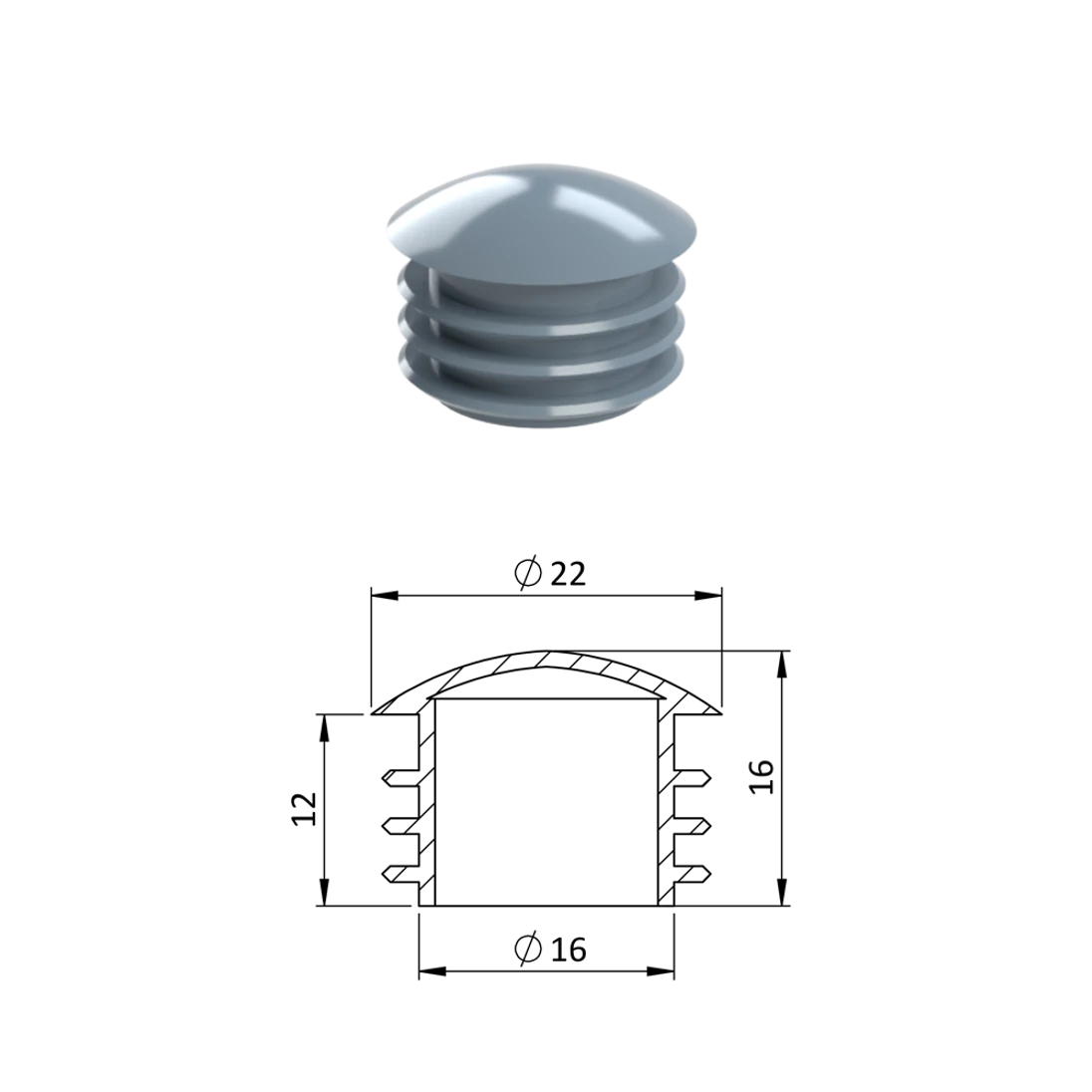 Vnútorná krytka guľatá ø 22 mm, plastová, sivá
