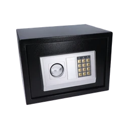 Nábytkový elektronický trezor (350x250x250mm), tloušťka: dveří 3mm, tělo 1mm, vnitřní rozměry 245x185x245mm, barva: černá, balení obsahuje 4x baterie a kotvy do stěny