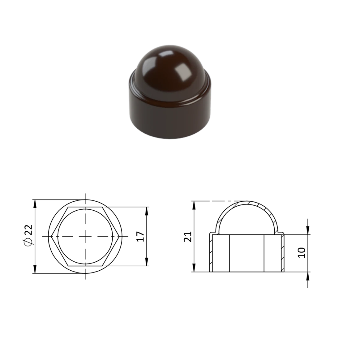 Krytka plastová na matice a skrutky M10, hnedá