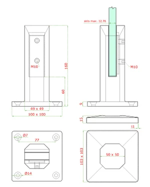 Vrchní kotvení pro sklo 12,76 mm, broušená AISI 316 - slide 2