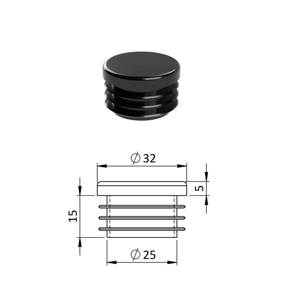 Vnútorná krytka guľatá ø 32 mm, plastová, čierna