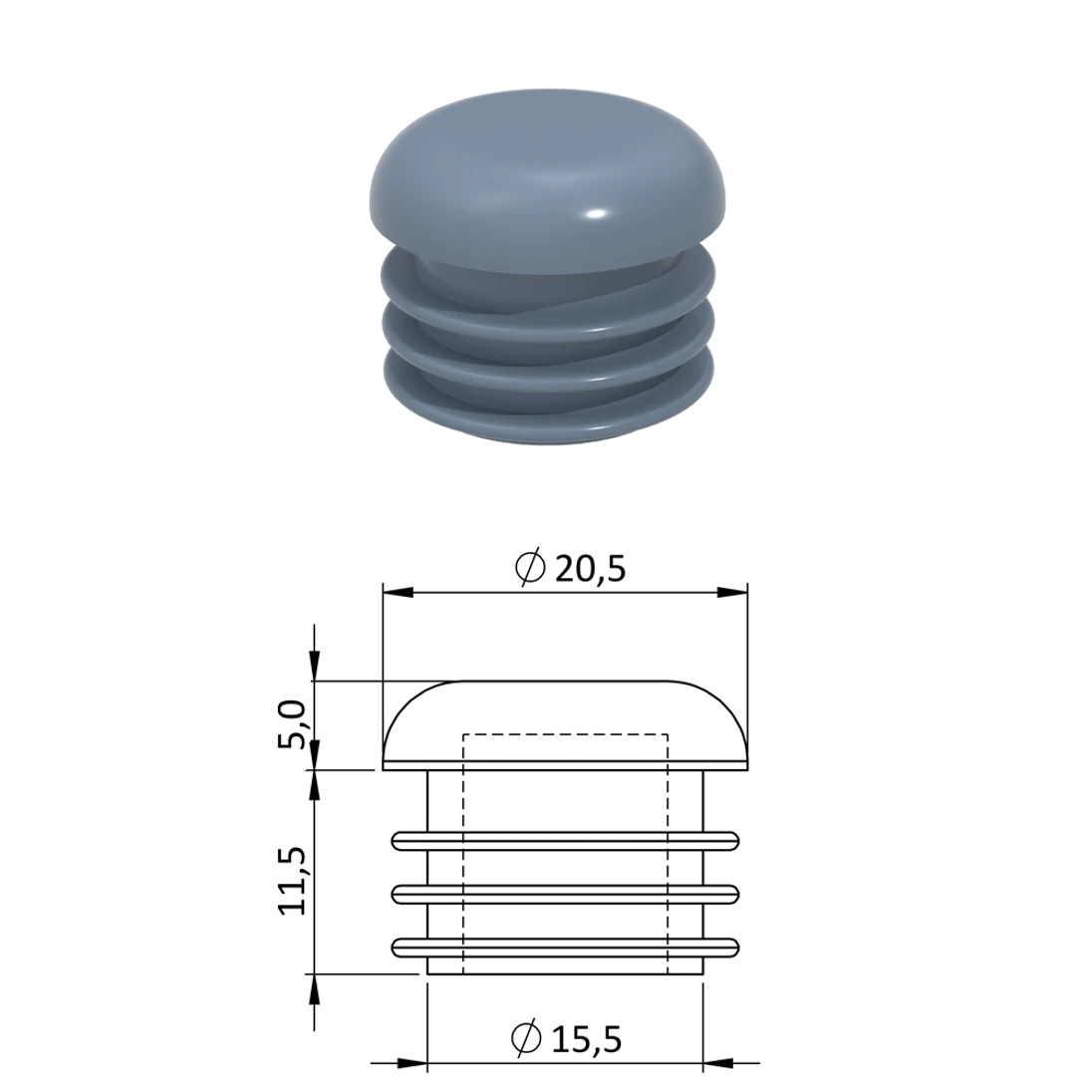 Vnútorná krytka guľatá ø 20,5 mm, plastová, sivá