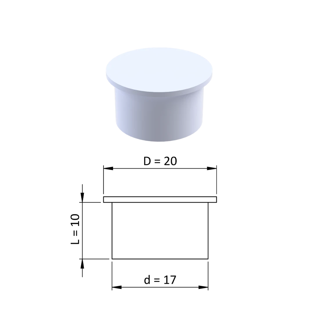 Vnútorná krytka guľatá ø 20 mm, otvor ø 17 mm, biela, plast