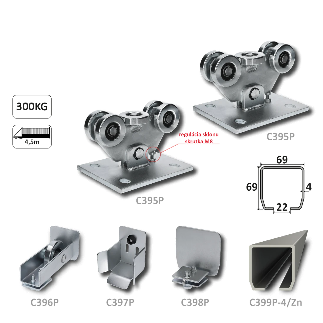 PICCOLO samonos do 300 kg, profil 69 x 69 x 6000 mm, Zn