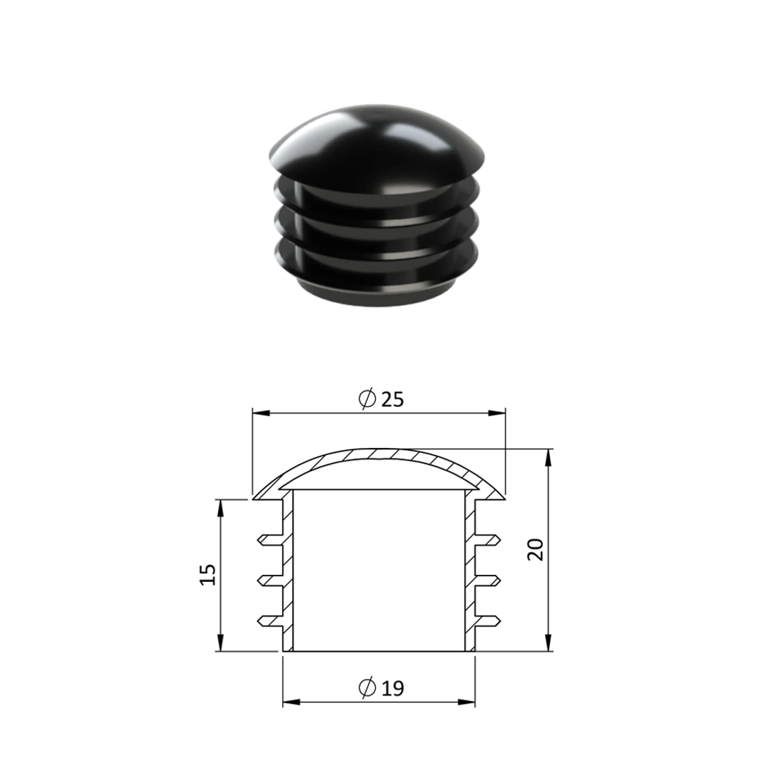 Vnútorná krytka guľatá ø 25 mm, plastová, čierna
