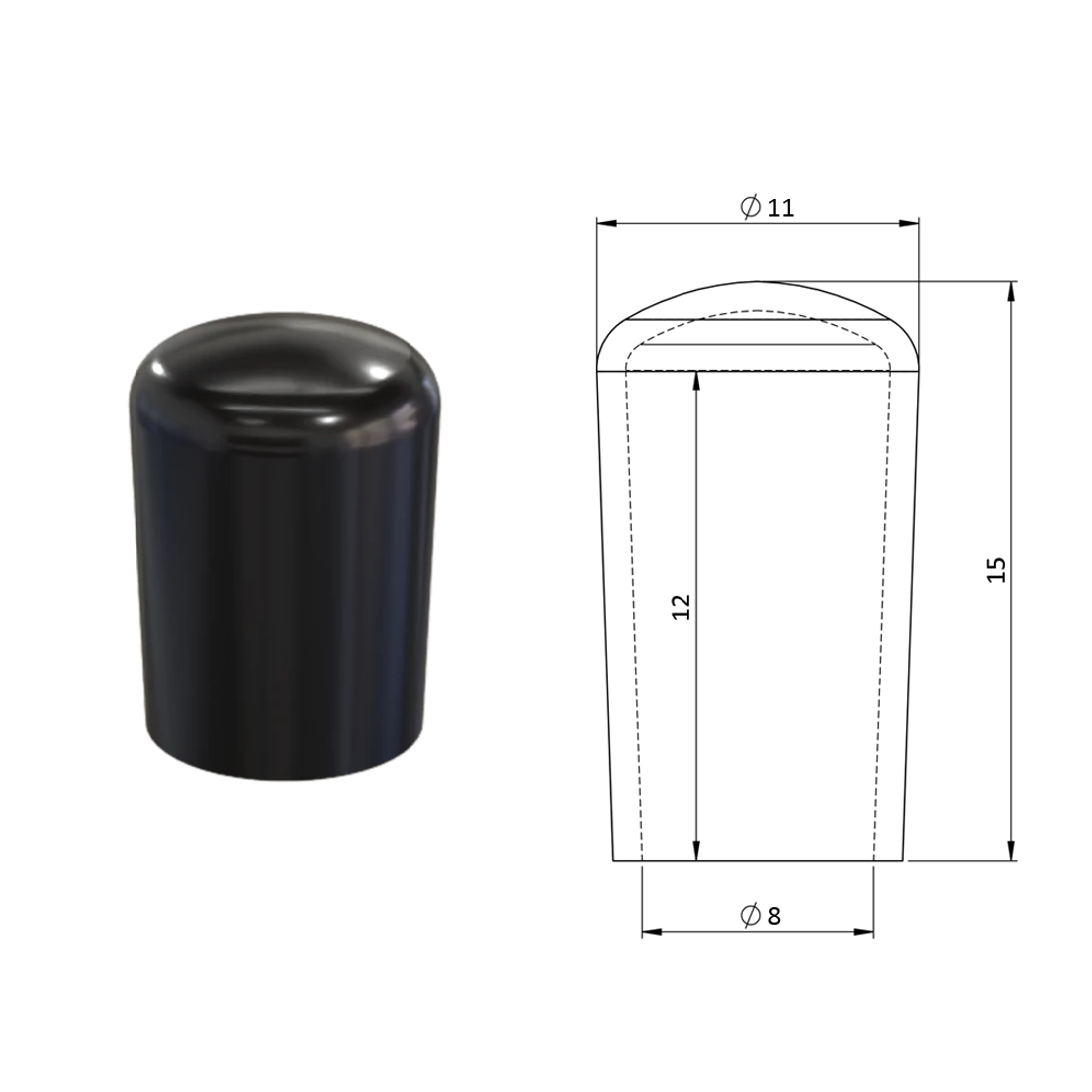 Vnější krytka PVC ø 11 x 15 mm, otvor 8 x 11 mm, černá