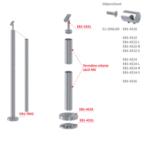 Nerezový sloup, vrchní kotvení, 6řadový se závitem M6 - slide 1