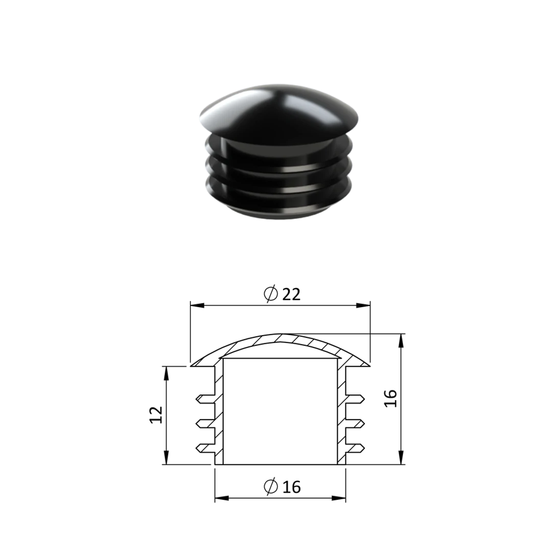 Vnútorná krytka guľatá ø 22 mm, plastová, čierna