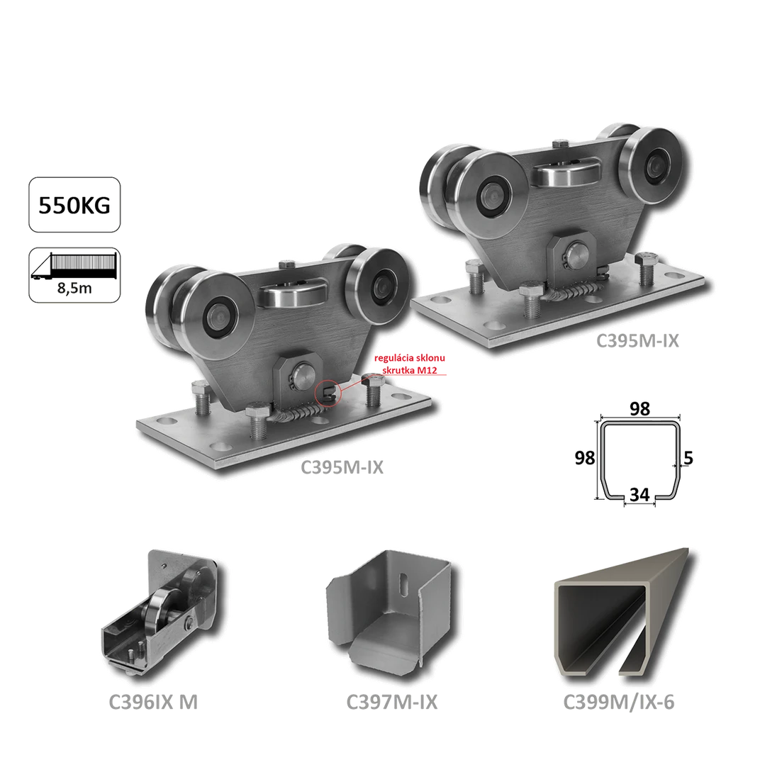 MEDIO samonos do 550 kg/8,5 m, profil 98 x 98 x 5 mm, nerez