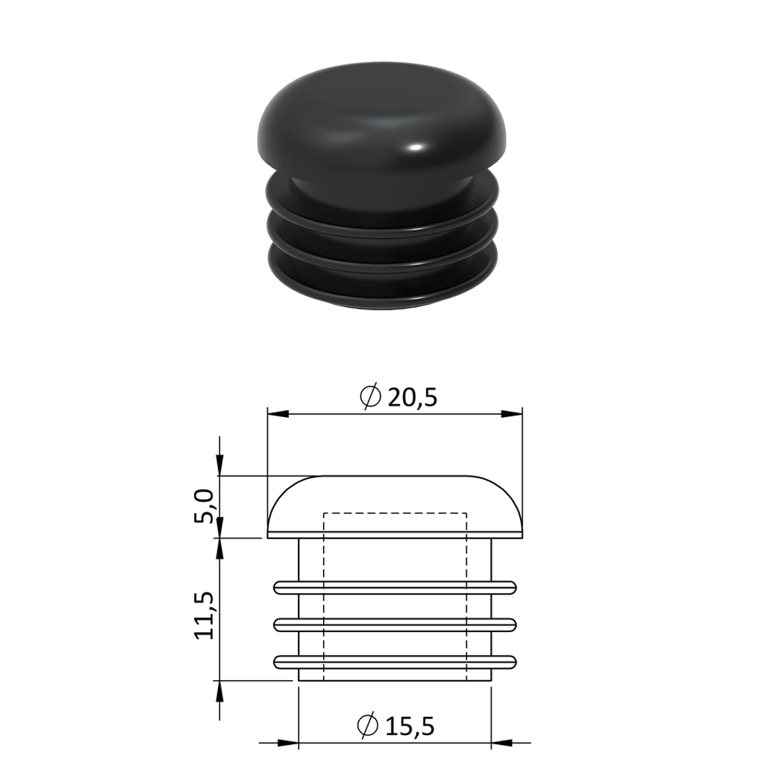 Vnútorná krytka guľatá ø 20,5 mm, plastová, čierna